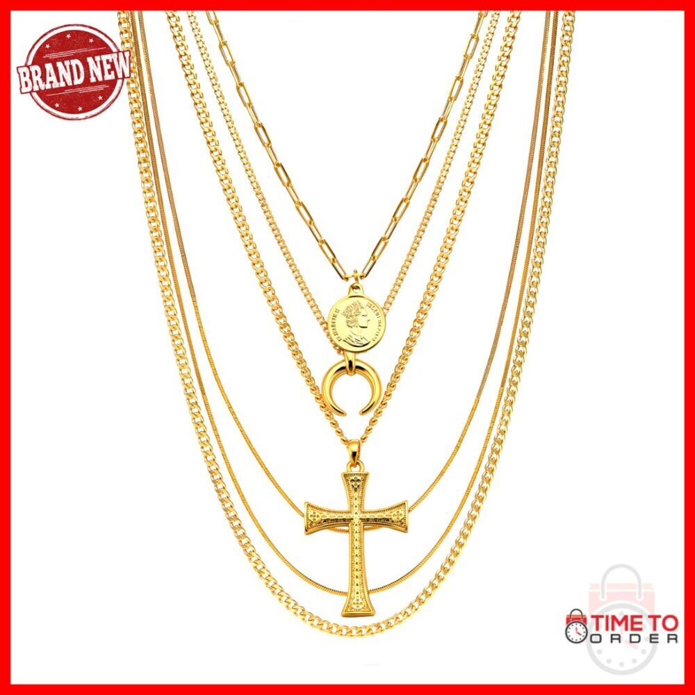 18K Gold Plated Layered Necklace Set, 6 Piece Chunky Chain Choker